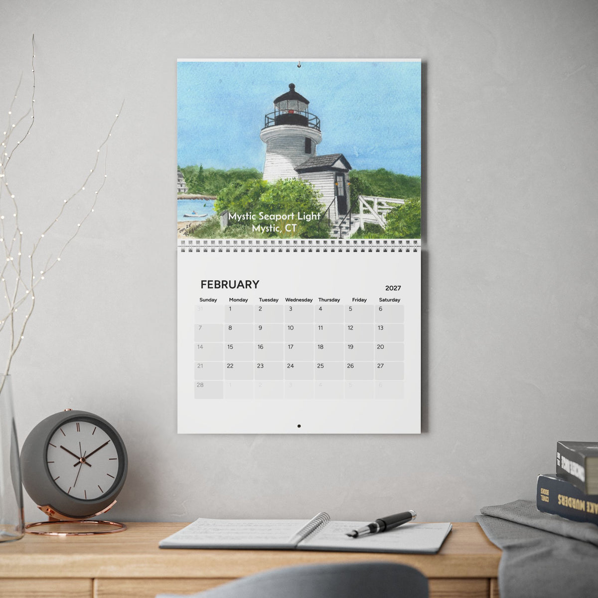 New England Lighthouses 2027 Wall Calendar — Watercolor Scenic Monthly Calendar