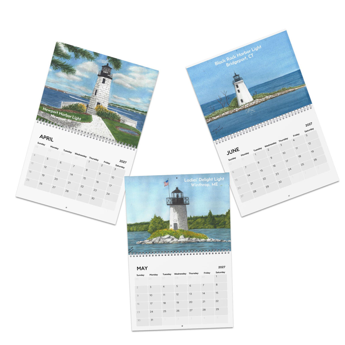 New England Lighthouses 2027 Wall Calendar — Watercolor Scenic Monthly Calendar