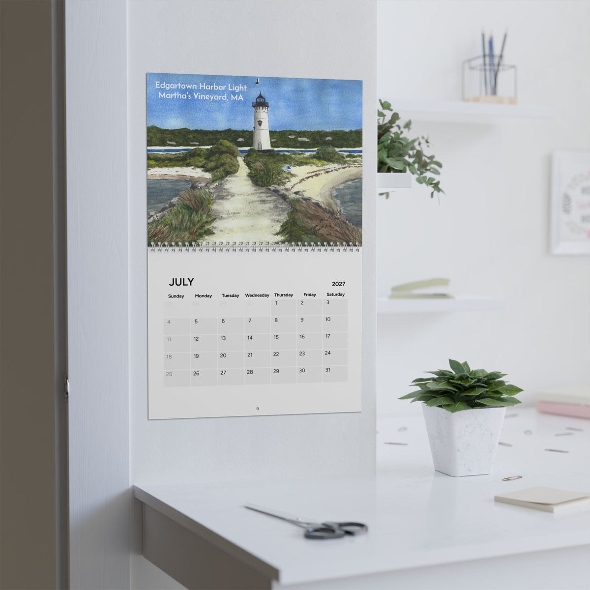 New England Lighthouses 2027 Wall Calendar — Watercolor Scenic Monthly Calendar