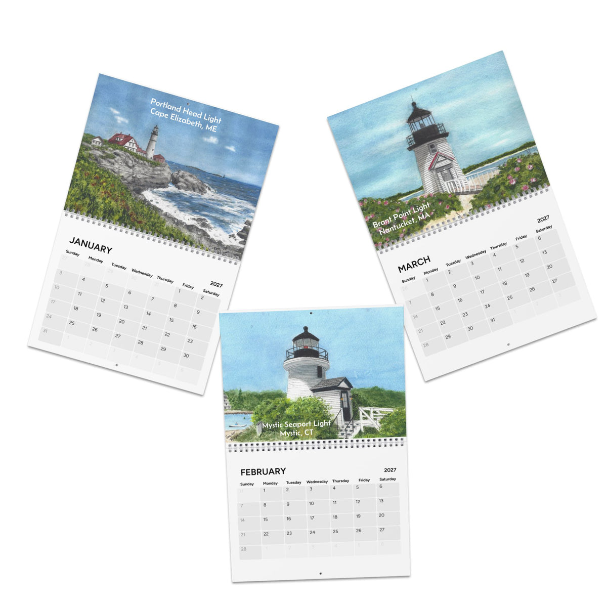 New England Lighthouses 2027 Wall Calendar — Watercolor Scenic Monthly Calendar