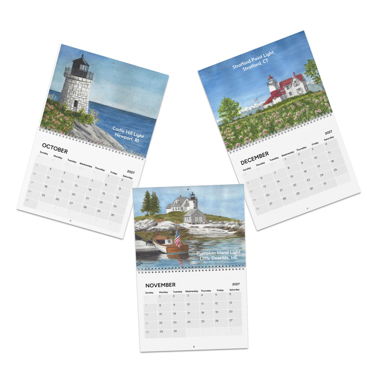 New England Lighthouses 2027 Wall Calendar — Watercolor Scenic Monthly Calendar