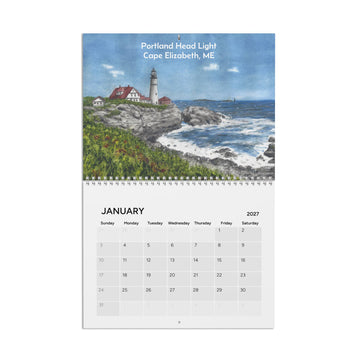 New England Lighthouses 2027 Wall Calendar — Watercolor Scenic Monthly Calendar