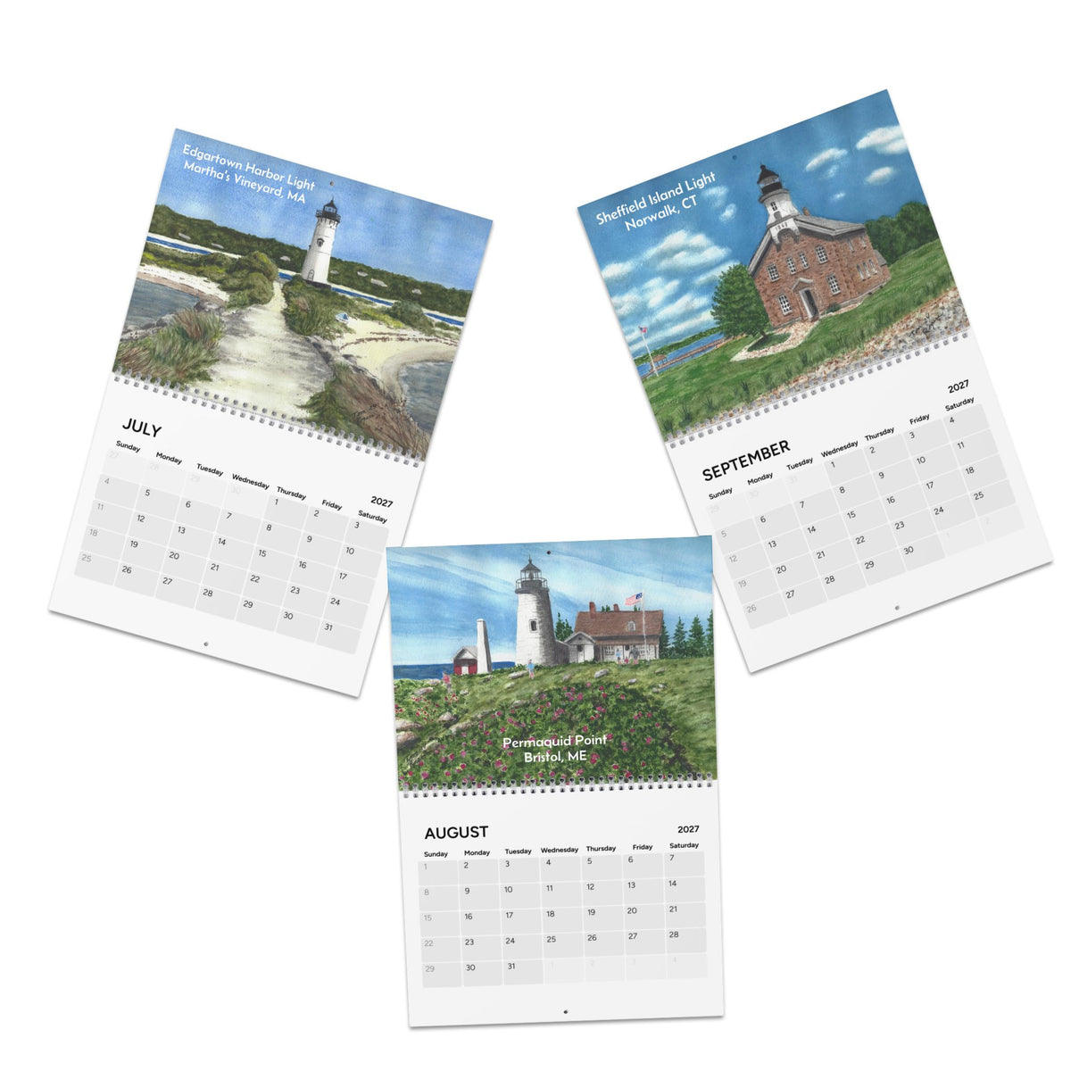 New England Lighthouses 2027 Wall Calendar — Watercolor Scenic Monthly Calendar