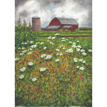 farmland with barn and flowers