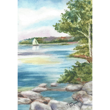 lake with small sail boat