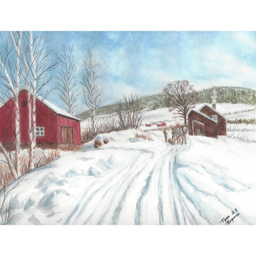 snow scene with barns, horse and sliegh, through farm land