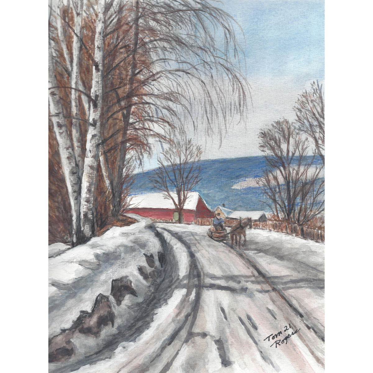snow scene with horse and  sliegh  through farm land