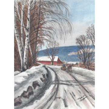 snow scene with horse and  sliegh  through farm land