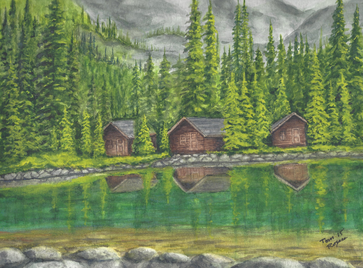 "Three Cabins on the Lake" Watercolor Art -- Good Old Tom