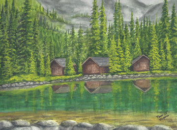 "Three Cabins on the Lake" Watercolor Art -- Good Old Tom
